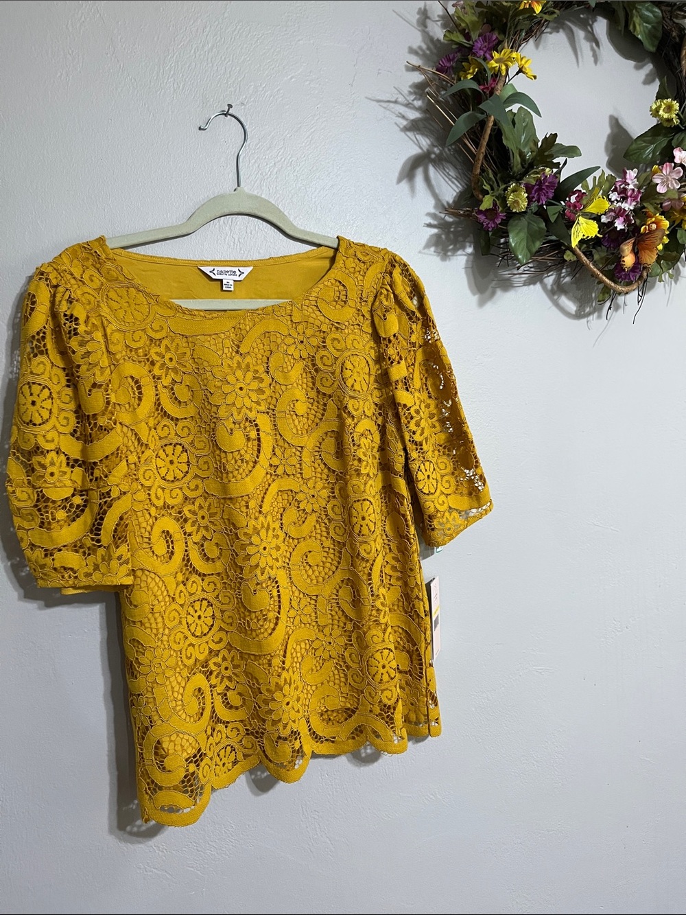 Nanette Lepore Mustard Crochet Lace Short Sleeve Top